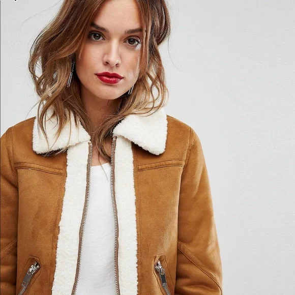 Warehouse Tan Suede Faux Shearling Jacket with Cream Trim - Picture 3 of 10
